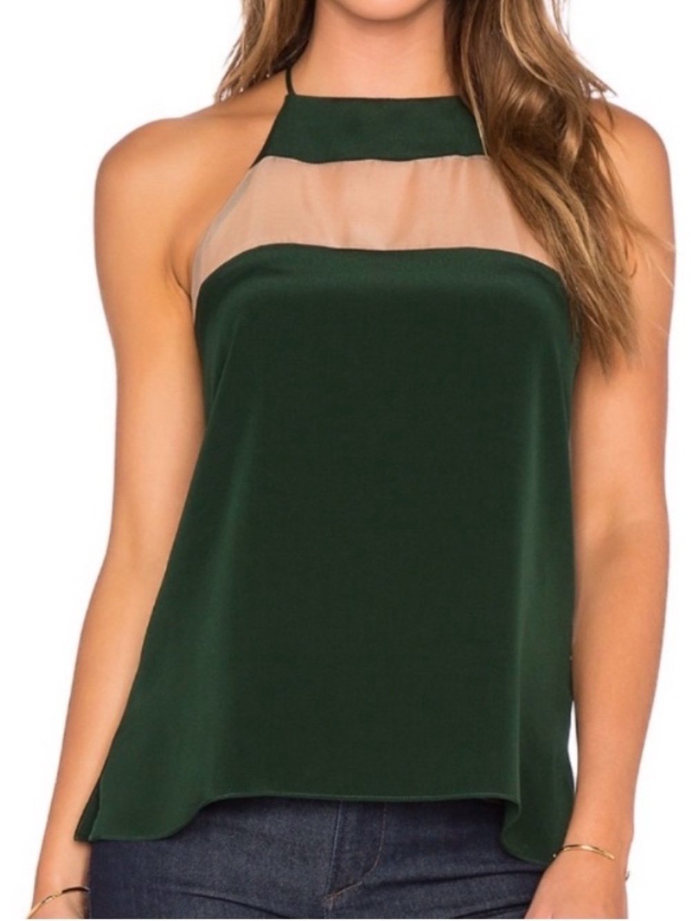 Cami NYC 100% Silk Halter Top – Forest Green, Mesh Panel, Size S